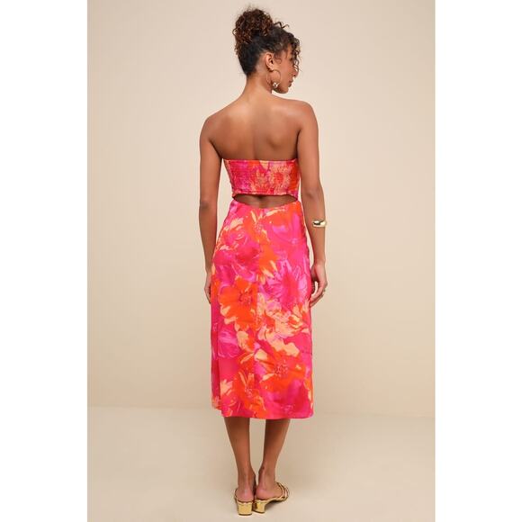 NWT Lulus Bold Tendencies Fuchsia Floral Strapless Cutout Dress Resortwear Sz L - Picture 3 of 9